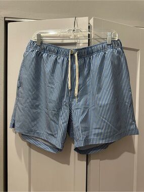 Men's BearBottom Blue & White Striped Swim Trunks with Drawstring